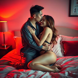 A Chinese man in stylish pajamas gently hugging and kissing a beautiful, sexy woman in a cozy bedroom illuminated by soft red light