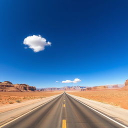 A panoramic view of a long highway stretching across a vast desert landscape under a bright blue sky
