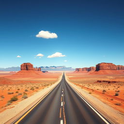 A panoramic view of a long highway stretching across a vast desert landscape under a bright blue sky