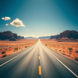 A panoramic view of a long highway stretching across a vast desert landscape under a bright blue sky