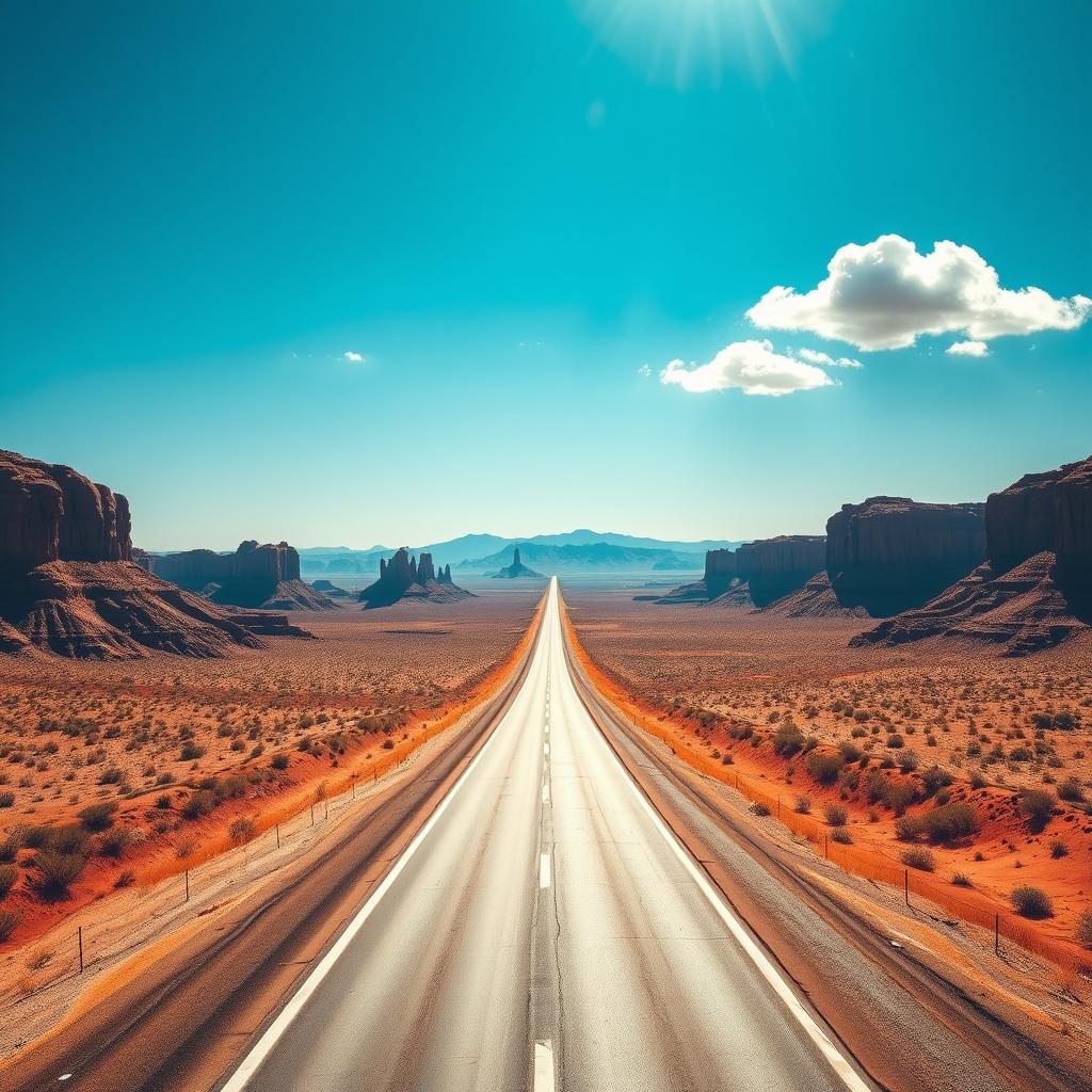 A panoramic view of a long highway stretching across a vast desert landscape under a bright blue sky