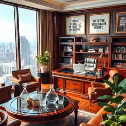 A luxurious office space that embodies a millionaire mindset, featuring elegant wooden furniture, a large mahogany desk with a high-end laptop, and a stunning view of a city skyline from the floor-to-ceiling windows