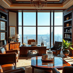 A luxurious office space that embodies a millionaire mindset, featuring elegant wooden furniture, a large mahogany desk with a high-end laptop, and a stunning view of a city skyline from the floor-to-ceiling windows