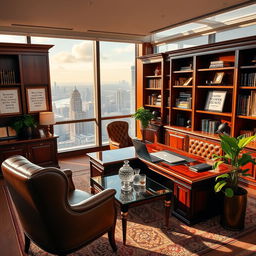 A luxurious office space that embodies a millionaire mindset, featuring elegant wooden furniture, a large mahogany desk with a high-end laptop, and a stunning view of a city skyline from the floor-to-ceiling windows