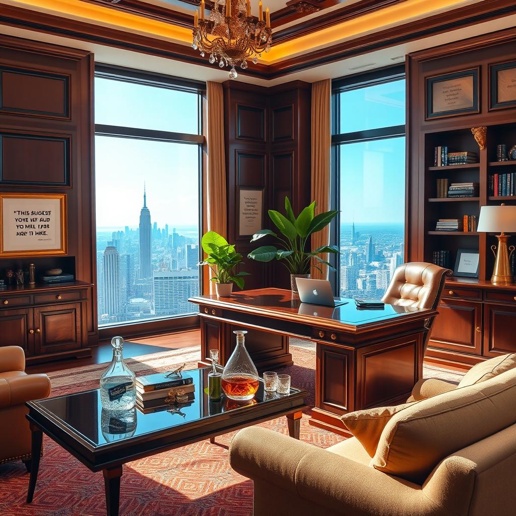 A luxurious office space that embodies a millionaire mindset, featuring elegant wooden furniture, a large mahogany desk with a high-end laptop, and a stunning view of a city skyline from the floor-to-ceiling windows