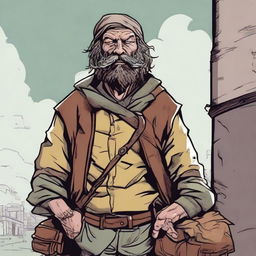 A high-quality comic-style illustration showcasing a homeless vagrant who resembles a fantasy Dungeons and Dragons fighter