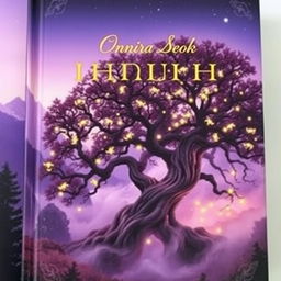 A captivating book cover featuring a mythical forest scene at twilight, bathed in soft purple and gold hues