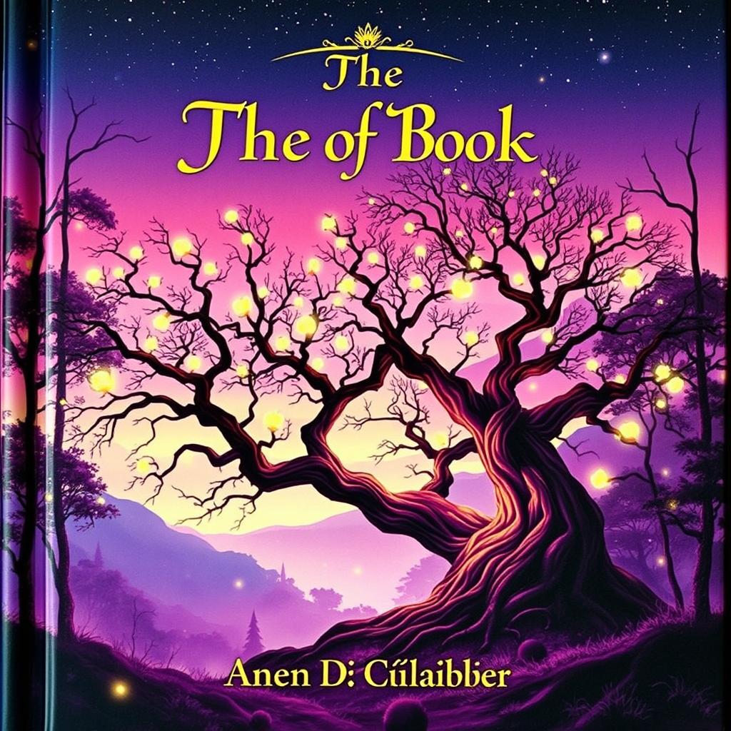 A captivating book cover featuring a mythical forest scene at twilight, bathed in soft purple and gold hues