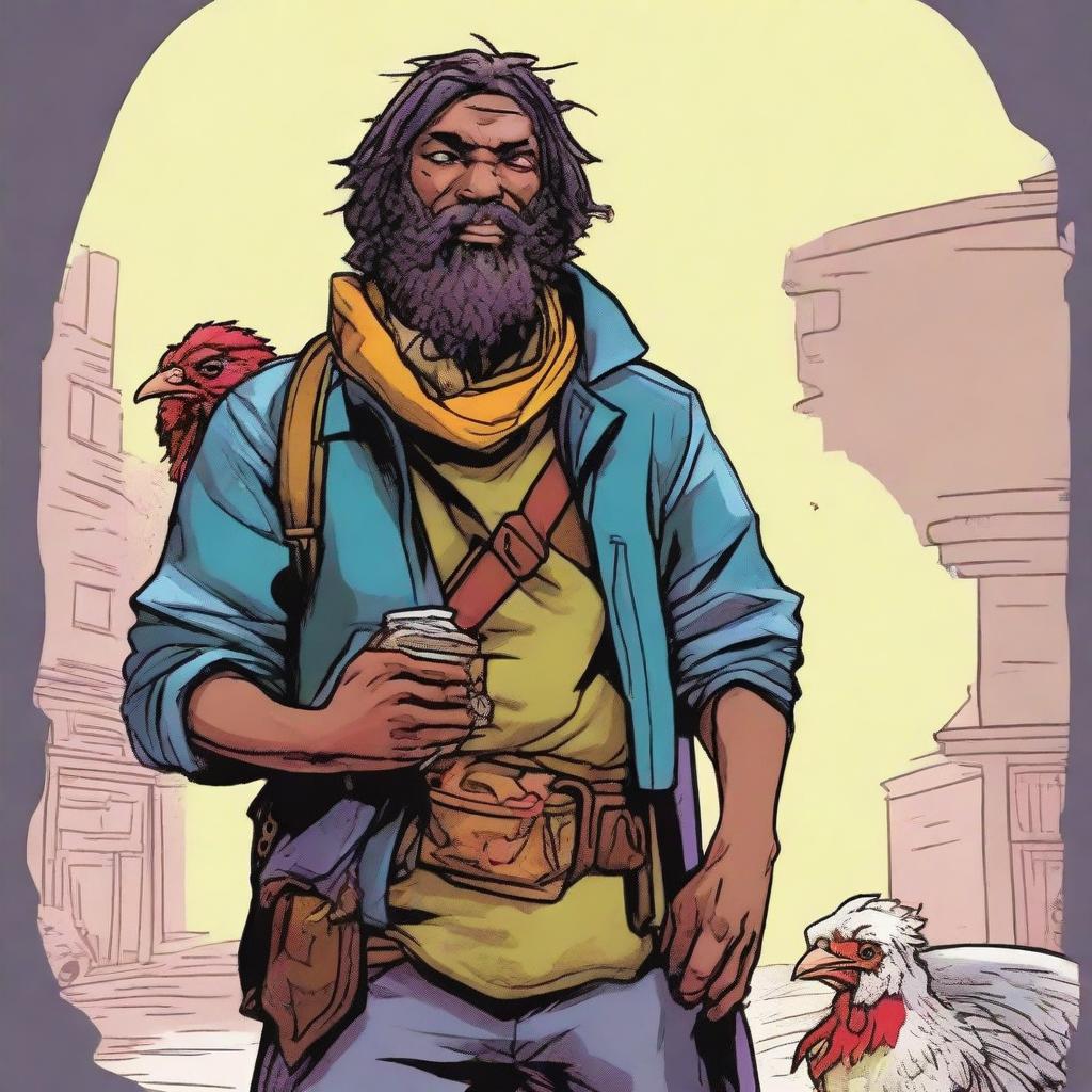 A vivid, high-quality comic-style illustration presenting a homeless vagrant, styled as a fantasy Dungeons and Dragons fighter