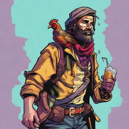 A vivid, high-quality comic-style illustration presenting a homeless vagrant, styled as a fantasy Dungeons and Dragons fighter