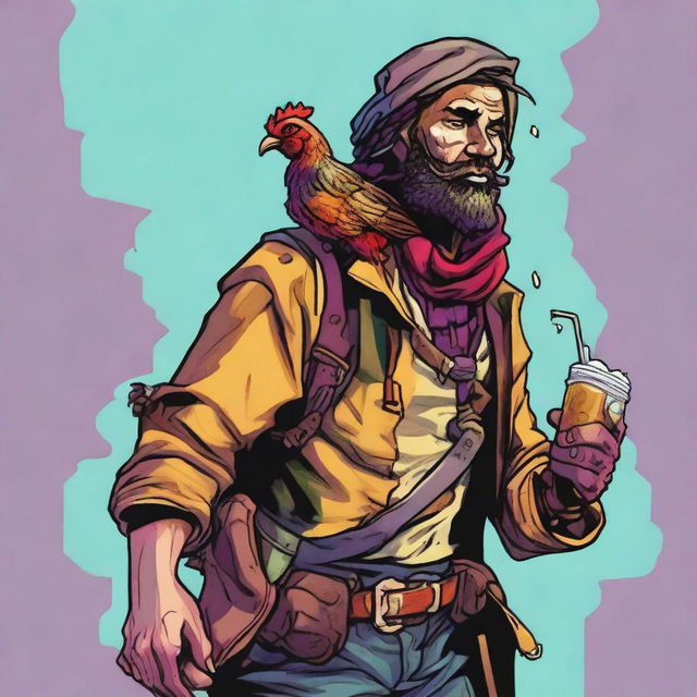 A vivid, high-quality comic-style illustration presenting a homeless vagrant, styled as a fantasy Dungeons and Dragons fighter