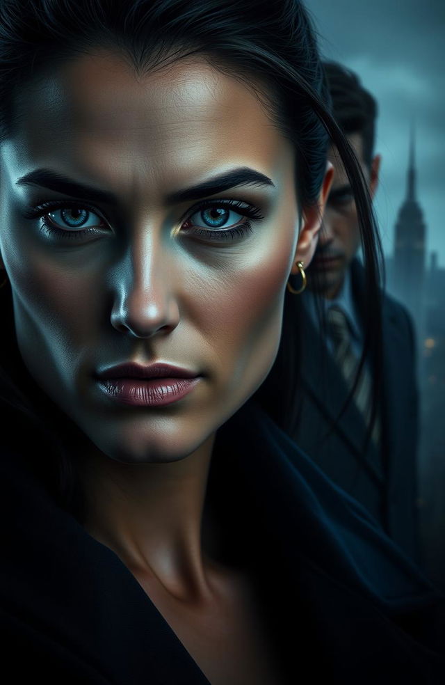 A close-up of Samantha Knight, a determined-looking 28-year-old billionaire CEO, with strong features and piercing eyes