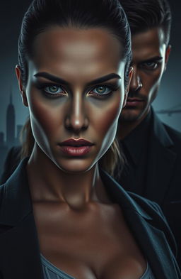A close-up of Samantha Knight, a determined-looking 28-year-old billionaire CEO, with strong features and piercing eyes
