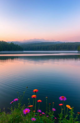 A serene landscape at sunrise, featuring a tranquil lake surrounded by lush green trees and a misty forest in the distance