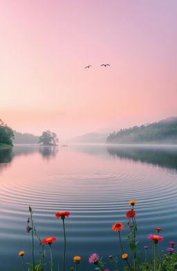 A serene landscape at sunrise, featuring a tranquil lake surrounded by lush green trees and a misty forest in the distance