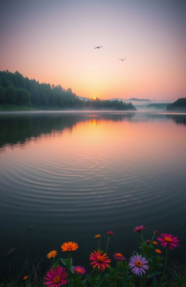 A serene landscape at sunrise, featuring a tranquil lake surrounded by lush green trees and a misty forest in the distance