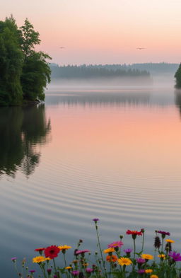 A serene landscape at sunrise, featuring a tranquil lake surrounded by lush green trees and a misty forest in the distance