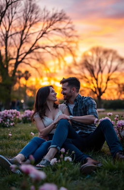 A romantic scene depicting a couple in love, sitting close together in a picturesque park under a colorful sunset