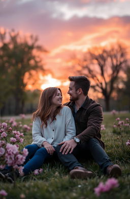 A romantic scene depicting a couple in love, sitting close together in a picturesque park under a colorful sunset