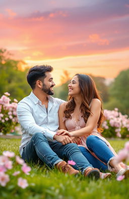 A romantic scene depicting a couple in love, sitting close together in a picturesque park under a colorful sunset