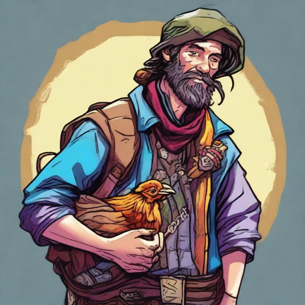 A vibrant, high-quality comic-style illustration featuring a homeless vagrant depicted as a fantasy Dungeons and Dragons bard