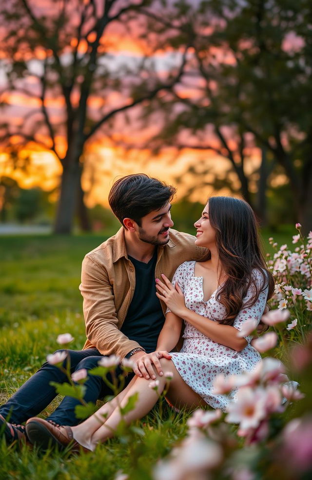 A romantic scene depicting a couple in love, sitting close together in a picturesque park under a colorful sunset