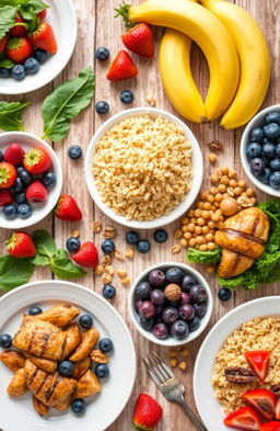 A vibrant and colorful flat lay of various healthy foods that emphasize nutrition, including fresh fruits like strawberries, blueberries, and bananas, alongside leafy greens such as spinach and kale