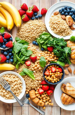 A vibrant and colorful flat lay of various healthy foods that emphasize nutrition, including fresh fruits like strawberries, blueberries, and bananas, alongside leafy greens such as spinach and kale