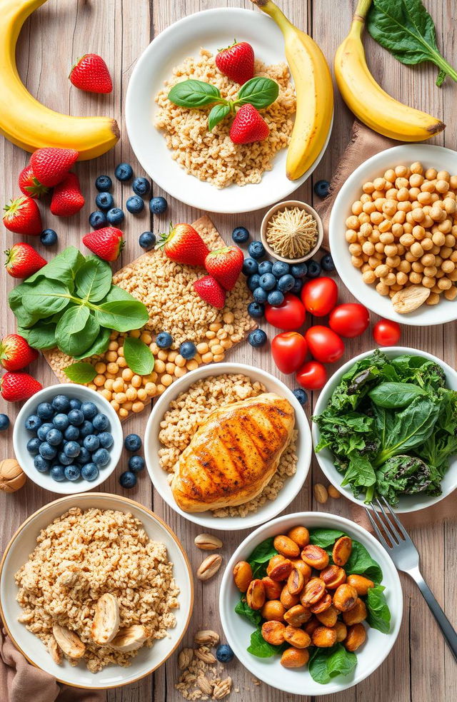 A vibrant and colorful flat lay of various healthy foods that emphasize nutrition, including fresh fruits like strawberries, blueberries, and bananas, alongside leafy greens such as spinach and kale