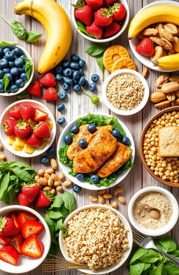 A vibrant and colorful flat lay of various healthy foods that emphasize nutrition, including fresh fruits like strawberries, blueberries, and bananas, alongside leafy greens such as spinach and kale