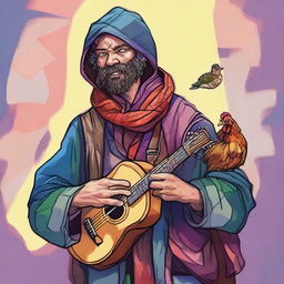 A vibrant, high-quality comic-style illustration featuring a homeless vagrant depicted as a fantasy Dungeons and Dragons bard