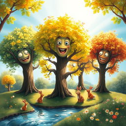 A whimsical scene depicting trees with expressive faces and limbs, appearing to communicate gratitude