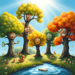 A whimsical scene depicting trees with expressive faces and limbs, appearing to communicate gratitude
