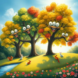 A whimsical scene depicting trees with expressive faces and limbs, appearing to communicate gratitude