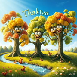 A whimsical scene depicting trees with expressive faces and limbs, appearing to communicate gratitude