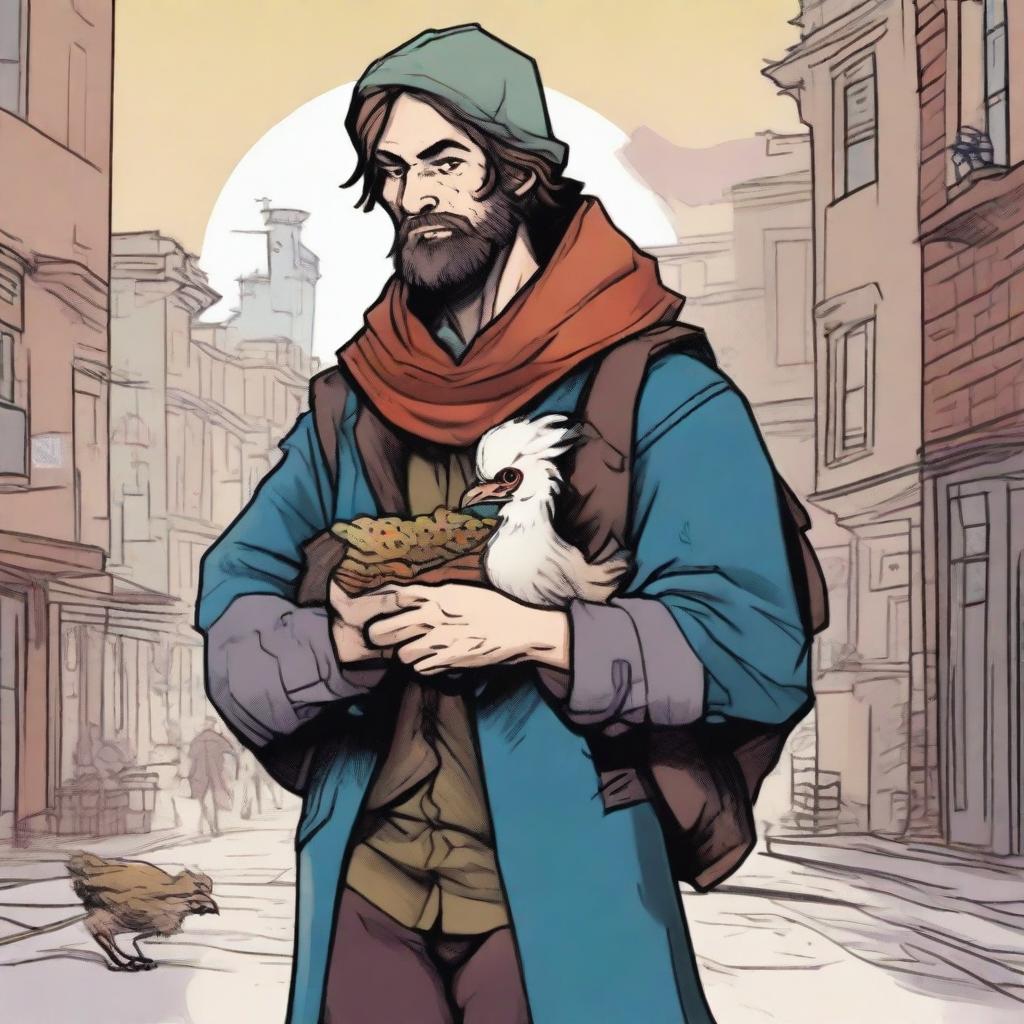 A dynamic, high-quality comic-style illustration portraying a homeless vagrant as a fantasy Dungeons and Dragons bard in a bustling town