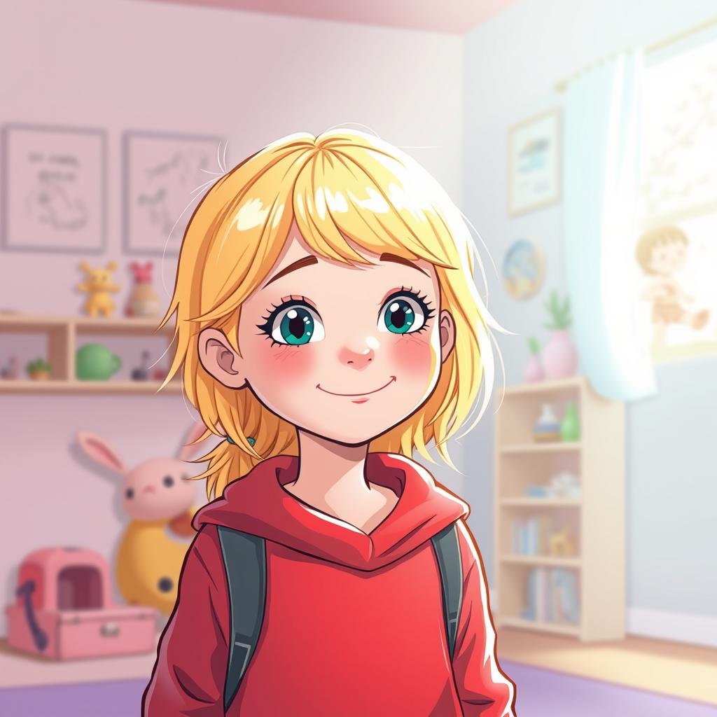 Une illustration d'une fillette de 7 ans diabétique aux cheveux blonds brillants, qui semble grandir trop vite pour son âge
