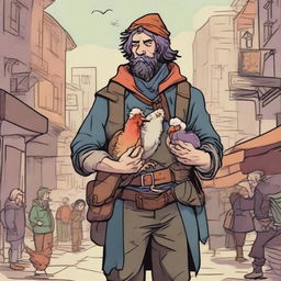 A dynamic, high-quality comic-style illustration portraying a homeless vagrant as a fantasy Dungeons and Dragons bard in a bustling town