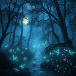 A mysterious and ethereal forest at twilight, with luminous bioluminescent plants glowing softly, surrounded by swirling fog
