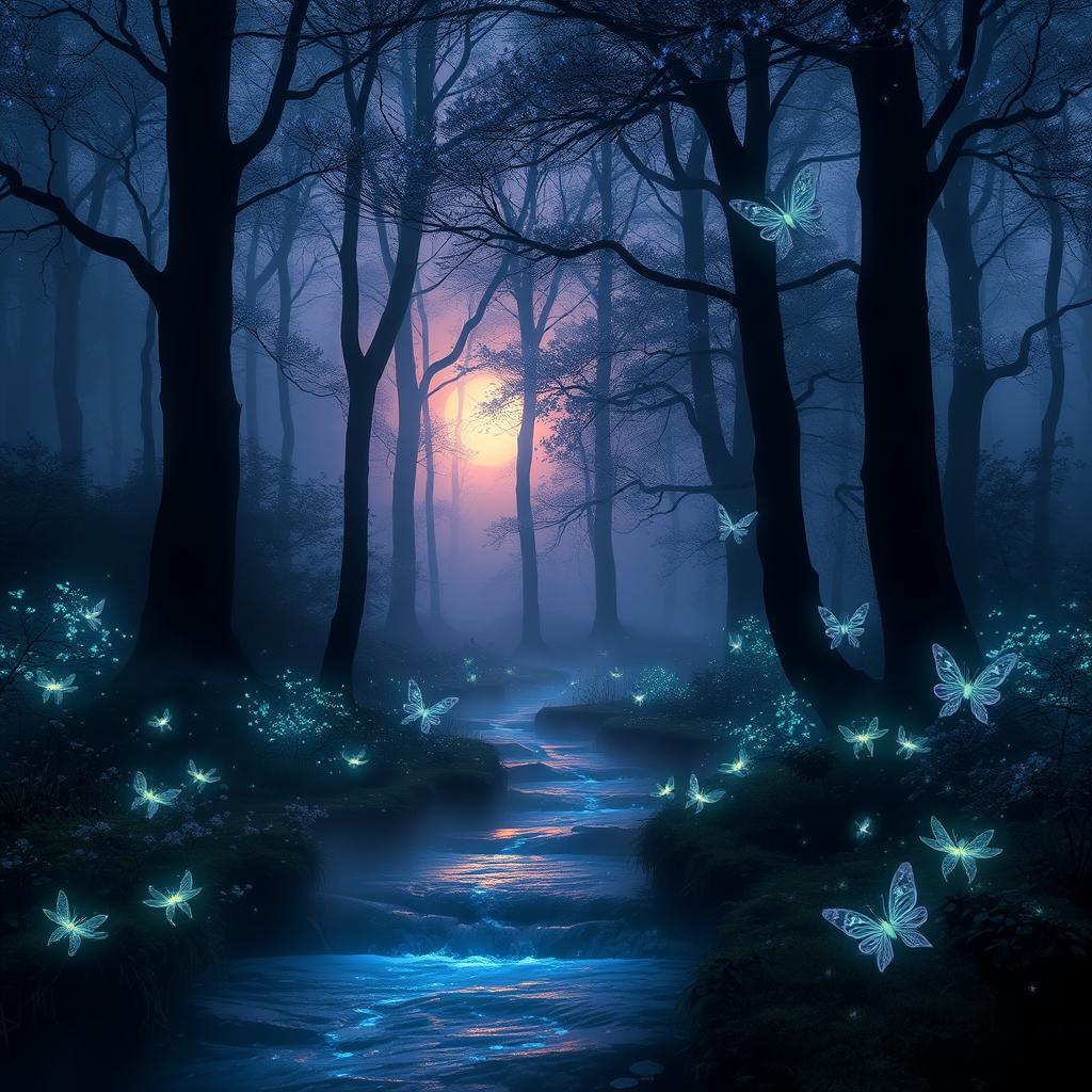 A mysterious and ethereal forest at twilight, with luminous bioluminescent plants glowing softly, surrounded by swirling fog