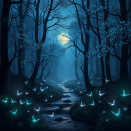 A mysterious and ethereal forest at twilight, with luminous bioluminescent plants glowing softly, surrounded by swirling fog