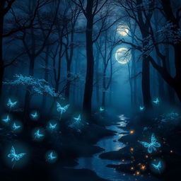 A mysterious and ethereal forest at twilight, with luminous bioluminescent plants glowing softly, surrounded by swirling fog