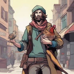 A dynamic, high-quality comic-style illustration portraying a homeless vagrant as a fantasy Dungeons and Dragons bard in a bustling town