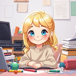 Une illustration d'une jeune fille de 7 ans aux cheveux blonds brillants, affichant un sourire innocent mais aux yeux qui révèlent une sagesse précoce