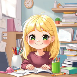 Une illustration d'une jeune fille de 7 ans aux cheveux blonds brillants, affichant un sourire innocent mais aux yeux qui révèlent une sagesse précoce