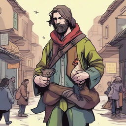 A dynamic, high-quality comic-style illustration portraying a homeless vagrant as a fantasy Dungeons and Dragons bard in a bustling town