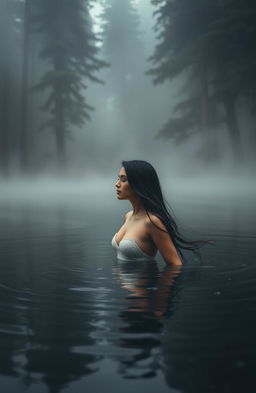 A serene forest lake surrounded by dense trees, shrouded in mist