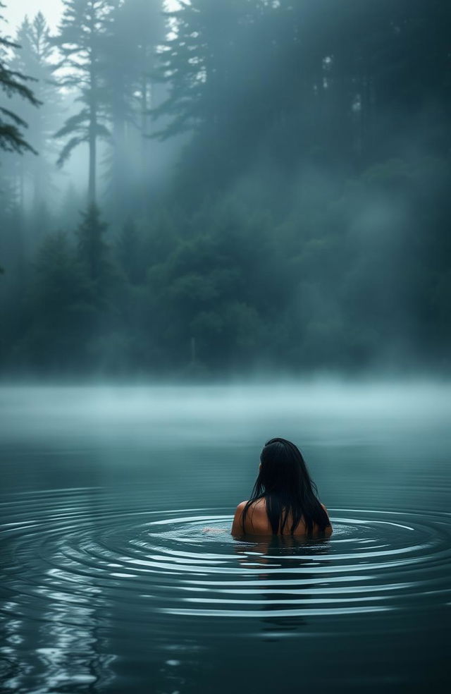 A serene forest lake surrounded by dense trees, shrouded in mist