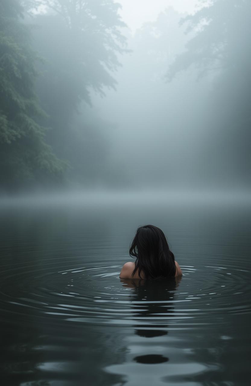 A serene forest lake surrounded by dense trees, shrouded in mist