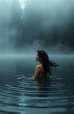 A serene forest lake surrounded by dense trees, shrouded in mist
